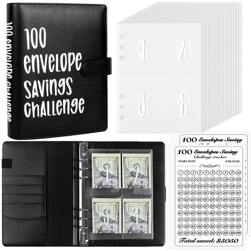LingLingo 100 Envelopes Money Saving Challenge Binder  Easy and Fun Way to Save $5 050  A5 Budget Book with Cash Envelopes Kit Black White - Image 1